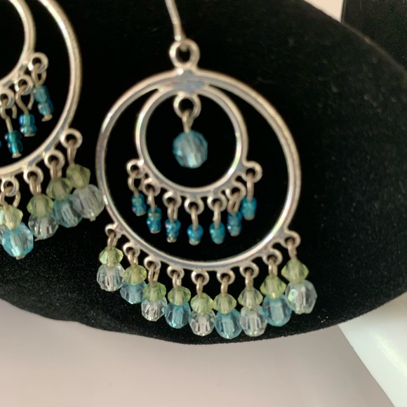 Chandelier Pastel Blue Sapphire Dangle Blue Green Silver Circle Drop Earrings - Picture 4 of 4